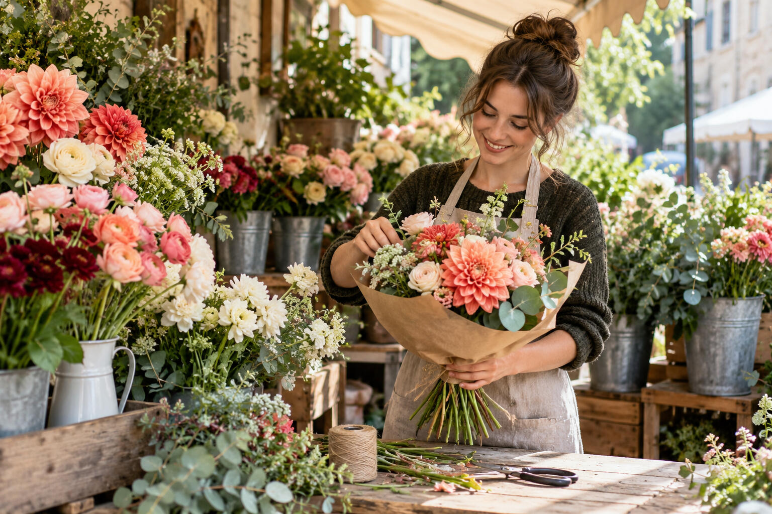 AI-generated flower shop illustration AI-generated illustration of a florist arranging a bouquet in a flower shop.